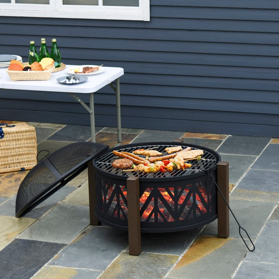 2 - in - 1 Outdoor Fire Pit Bowl with BBQ Grill Grate 30" Spark Screen Cover - HOMCOM - Bench Store