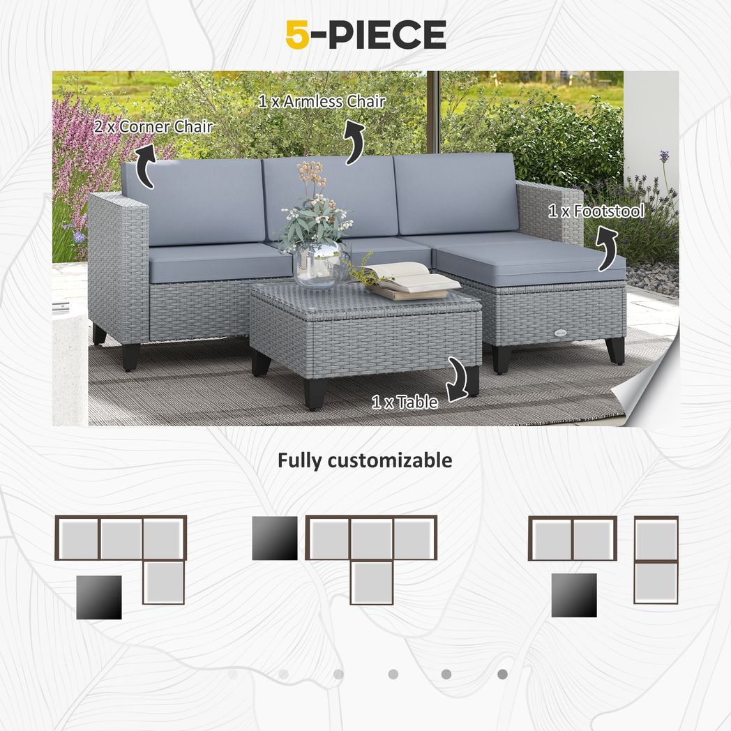 Outsunny 5 PCs Rattan Garden Furniture Set with Glass Coffee Table, Grey - Outsunny - Bench Store