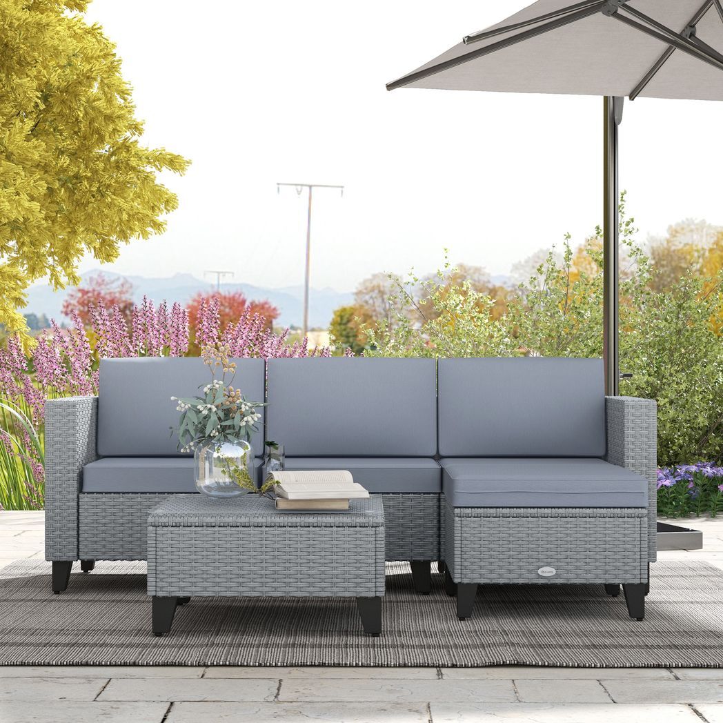 Outsunny 5 PCs Rattan Garden Furniture Set with Glass Coffee Table, Grey - Outsunny - Bench Store