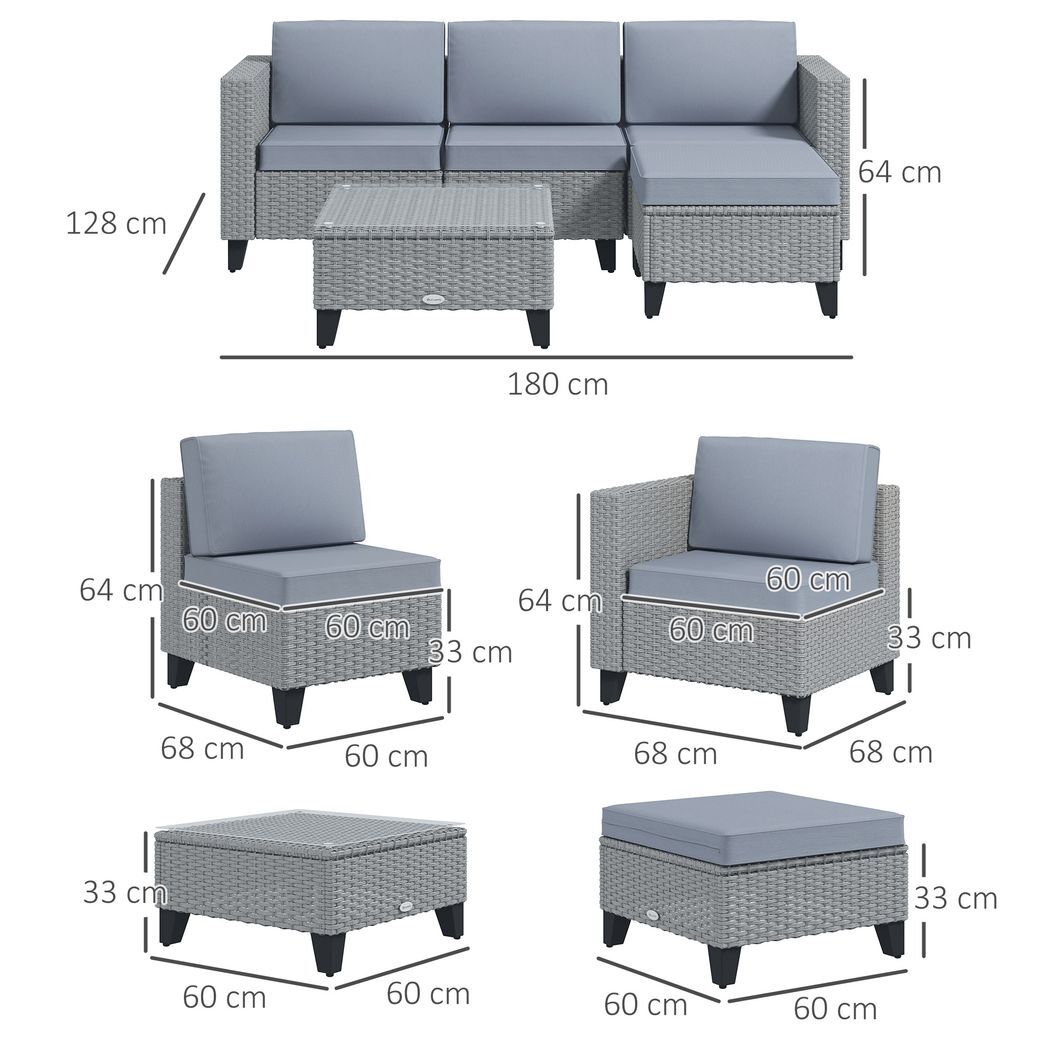 Outsunny 5 PCs Rattan Garden Furniture Set with Glass Coffee Table, Grey - Outsunny - Bench Store
