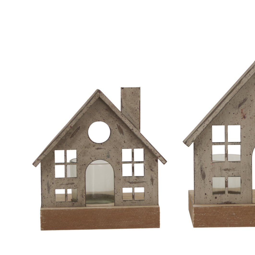 Rustic Metal House Tealight On Wood Stand With Glass Votive - Bench Store - Bench Store