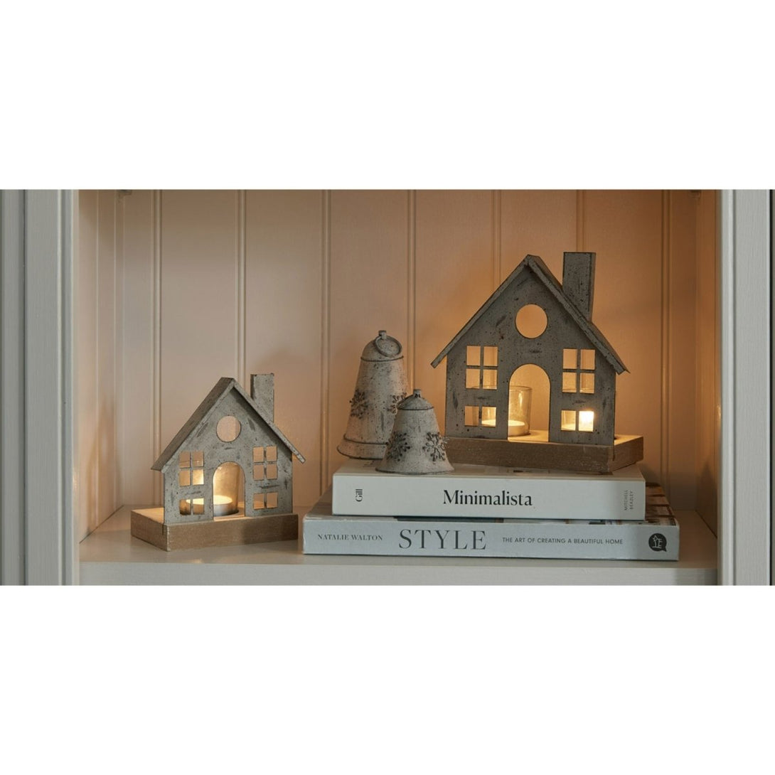 Rustic Metal House Tealight On Wood Stand With Glass Votive - Bench Store - Bench Store