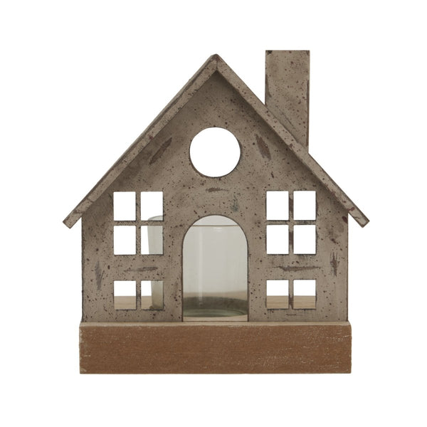 Rustic Metal House Tealight On Wood Stand With Glass Votive - Bench Store - Bench Store