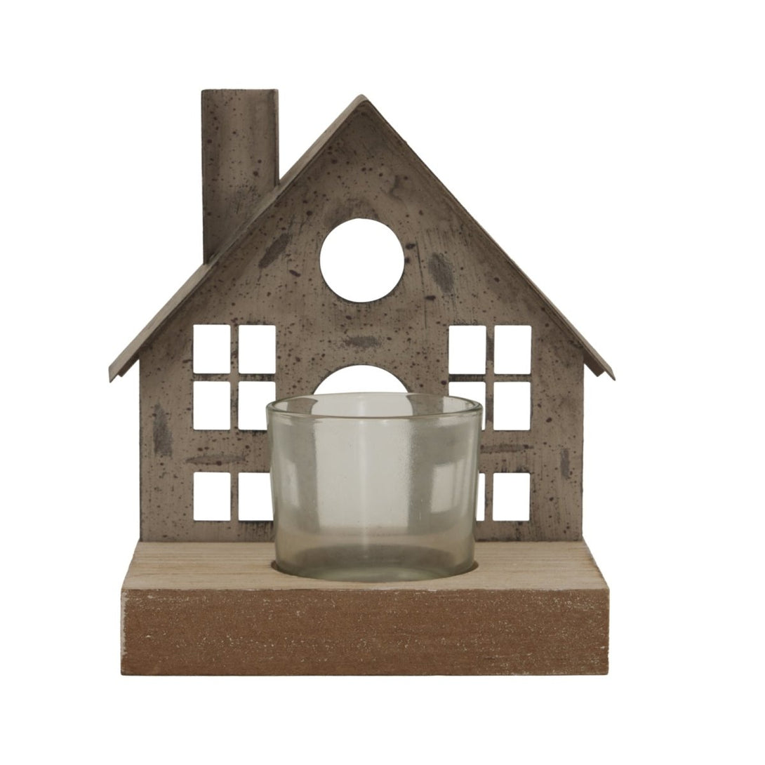 Rustic Metal House Tealight On Wood Stand With Glass Votive - Bench Store - Bench Store