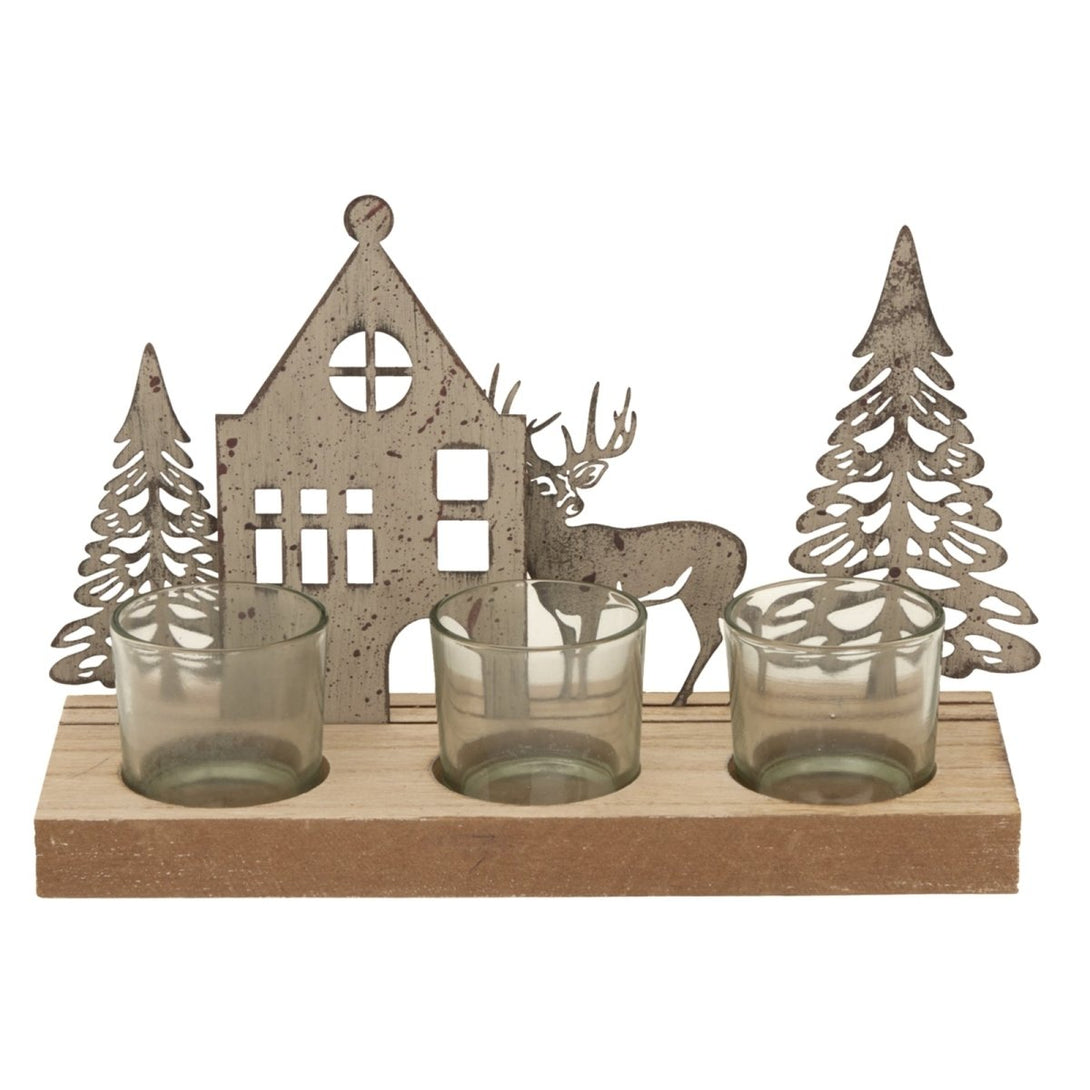 Rustic Metal Scene Tealight On Wood Stand With Glass Votives - Bench Store - Bench Store