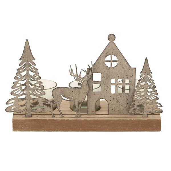 Rustic Metal Scene Tealight On Wood Stand With Glass Votives - Bench Store - Bench Store