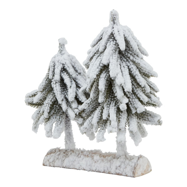 Small Snowy Fir Tree Duo On Wood Log - Bench Store - Bench Store